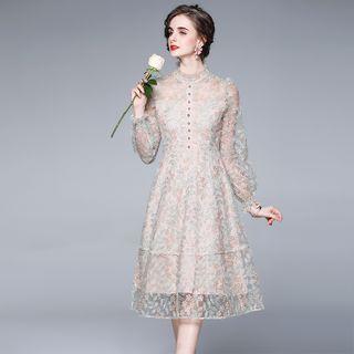Floral Embroidered Mesh Midi A-line Dress