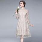Floral Embroidered Mesh Midi A-line Dress