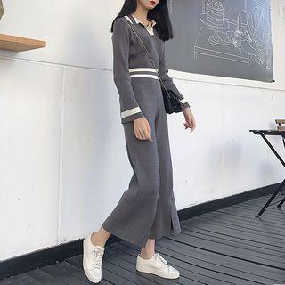 Set: Long-sleeve Contrast-trim Knit Top + Wide-leg Pants