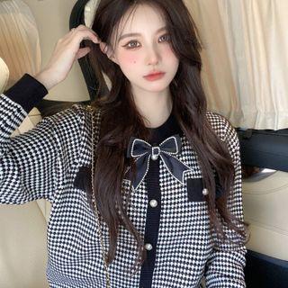 Long-sleeve Ribbon Houndstooth Top / Mesh Mini A-line Skirt