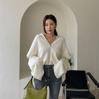 High-neck Zip-detail Ribbed-knit Top