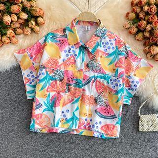 Fruit Print Short-sleeve Crop Shirt Yellow - One Size