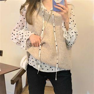 Flared-cuff Heart Print Blouse / Ribbed Knit Vest