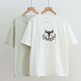 Short-sleeve Fox Embroidery T-shirt