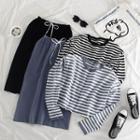 Long-sleeve Striped T-shirt / Drawstring Plain Skirt