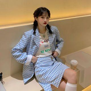 Short-sleeve Lettering T-shirt / Plaid A-line Skirt / Plaid Blazer