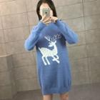 Long-sleeve Mock Neck Deer Print Mini Knit Dress