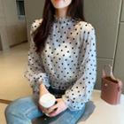 Long-sleeve Dotted Chiffon Mock-neck Top