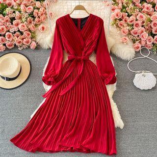 Long Sleeve Pleated Dress With Sash