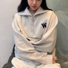 Long-sleeve Polo Collar Lettering Embroidered Zip Sweatshirt