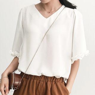 Frill Trim Elbow-sleeve V-neck Top
