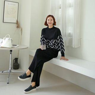 Set: Crew-neck Patterned Sweater + Rib-knit Pants