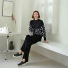 Set: Crew-neck Patterned Sweater + Rib-knit Pants