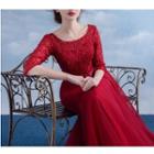 3/4-sleeve Lace Embroidered Evening Gown