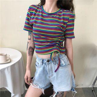 Striped Drawstring Crop T-shirt As Shown In Figure - One Size