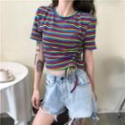 Striped Drawstring Crop T-shirt As Shown In Figure - One Size