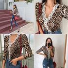 Lace-trim Leopard Top Brown - One Size