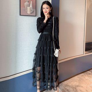 Long-sleeve Lace A-line Midi Tiered Dress
