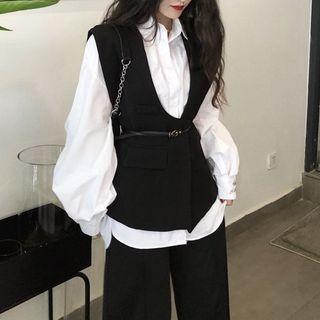 Lantern-sleeve Shirt / V-neck Vest With Belt