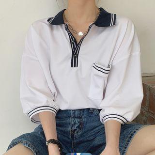 Elbow-sleeve Contrast Trim Polo Top White - One Size