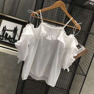 Pleated Off-shoulder 3/4 Sleeve Ruffled Top