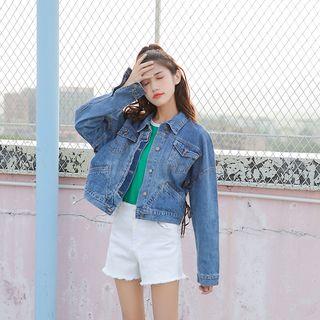 Lace-up Detail Cropped Denim Jacket