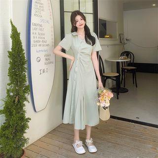 Short-sleeve Asymmetrical Shirred Midi Shirtdress