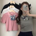 Short-sleeve Knit Cropped Polo Shirt With Bow