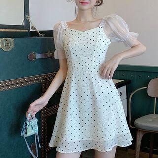 Puff-sleeve Mesh Panel Polka Dot Dress
