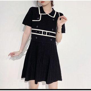 Short-sleeve Contrast Trim Collared A-line Dress