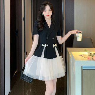 Set: Short-sleeve Double Breasted Blazer + Mini A-line Skirt