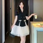 Set: Short-sleeve Double Breasted Blazer + Mini A-line Skirt