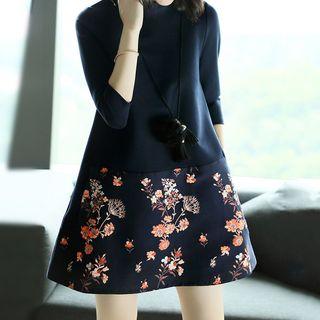 Floral Print Panel 3/4-sleeve A-line Dress