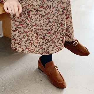 High-neck Frilled Floral Long Dress Dark Beige - One Size