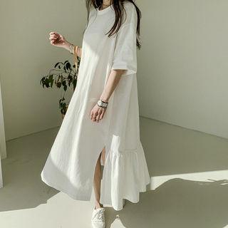 Ruffle-hem Long T-shirt Dress Ivory - One Size