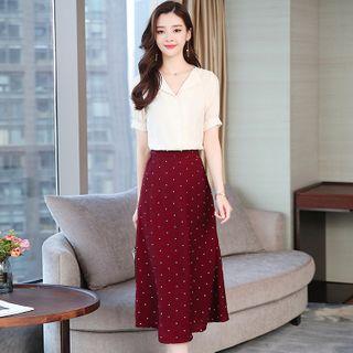 Set: Short-sleeve Top + Dotted Midi A-line Skirt