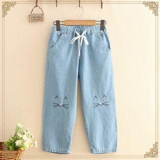 Cat Printed Drawstring Jeans