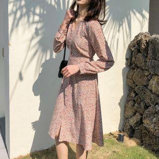 Floral Long-sleeve Button Midi A-line Dress Almond - One Size