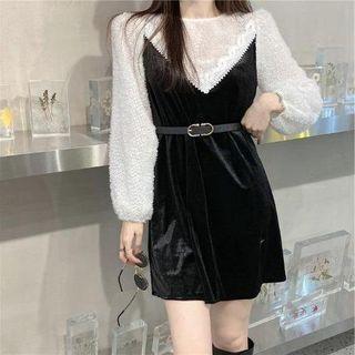 Long-sleeve Lace Panel Velvet Dress Black - One Size