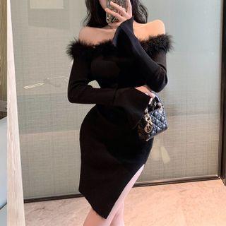 Off-shoulder Fluffy Tri Knit Slit Mini Sheath Dress