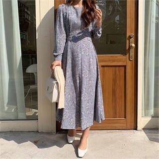 Tie-back Flared Long Floral Dress Sky Blue - One Size