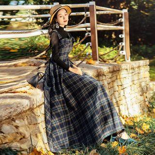 Set: Knit Top + Plaid Strappy Midi A-line Dress