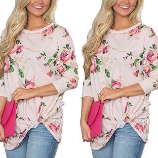 Long-sleeved Floral Print Loose-fit Crewneck T-shirt