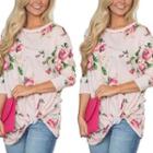 Long-sleeved Floral Print Loose-fit Crewneck T-shirt