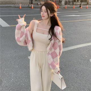 Square-neck Plain Tank Top / Plaid Cardigan / High-waist Plain Straight-cut Pants