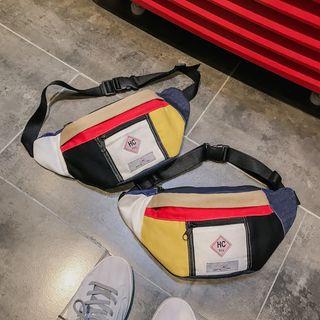 Color Block Denim Panel Sling Bag