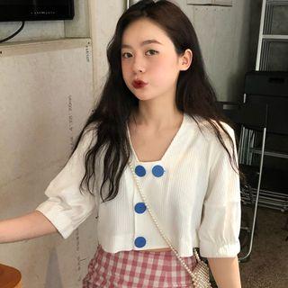 Elbow-sleeve V-neck Crop Top