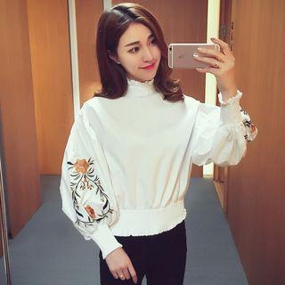 Embroidered Balloon Sleeve Mock Neck Blouse