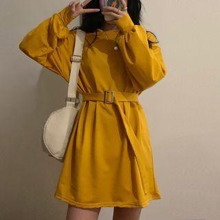 Long-sleeve Tie Waist Plain T-shirt Dress