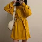 Long-sleeve Tie Waist Plain T-shirt Dress
